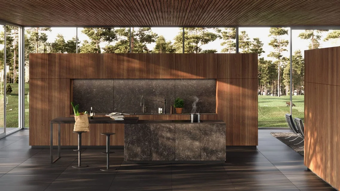 Referensi visual interior modern: cabinetry gelap dengan panel kayu bertekstur vertikal
