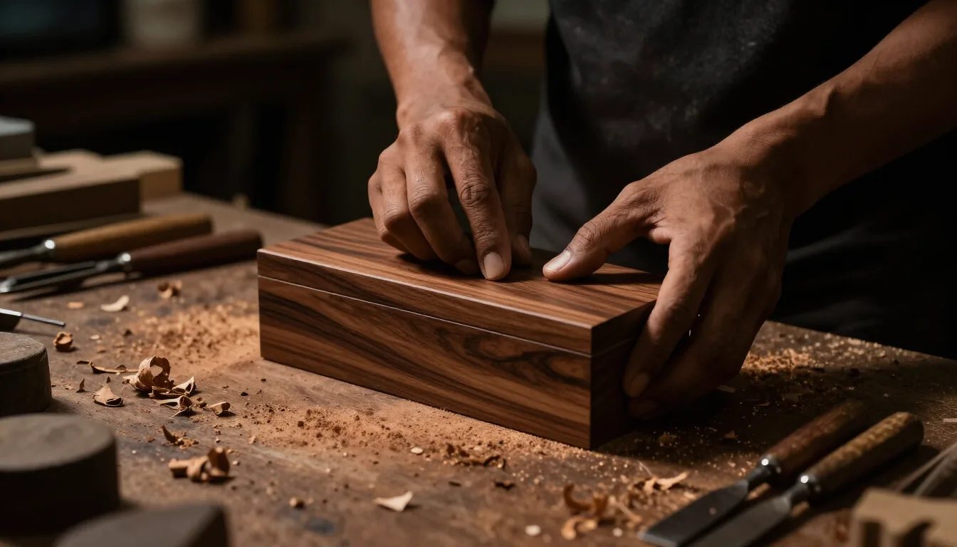 Detail serat kayu dan pengerjaan sambungan pada kotak kayu